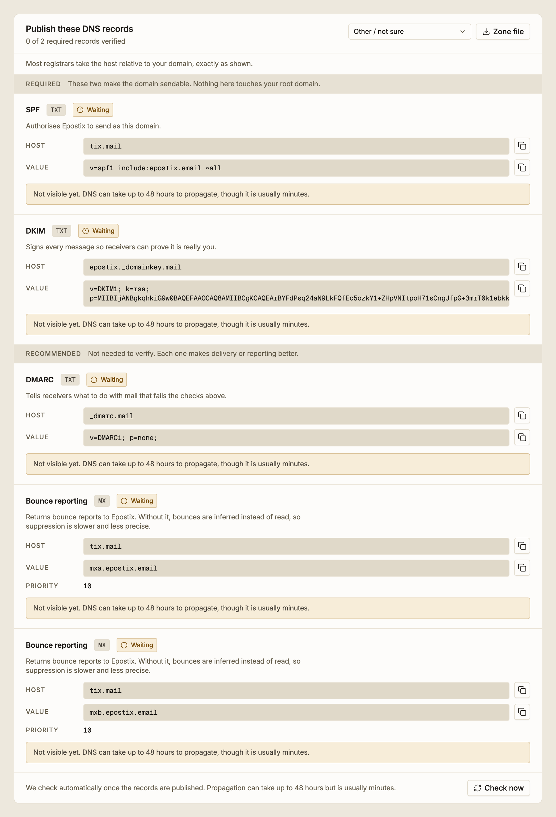 The DNS records to publish, with two required and three recommended