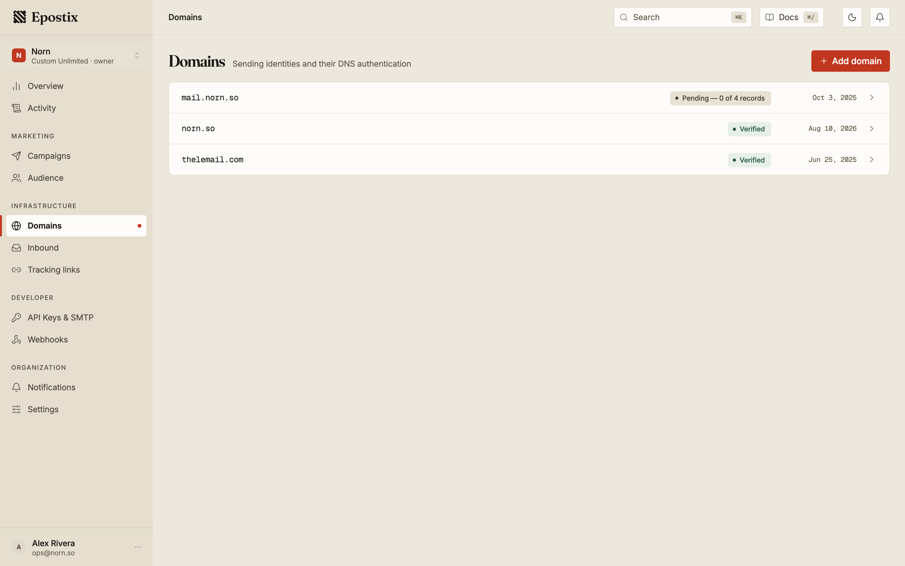 The domains list showing verified and pending domains