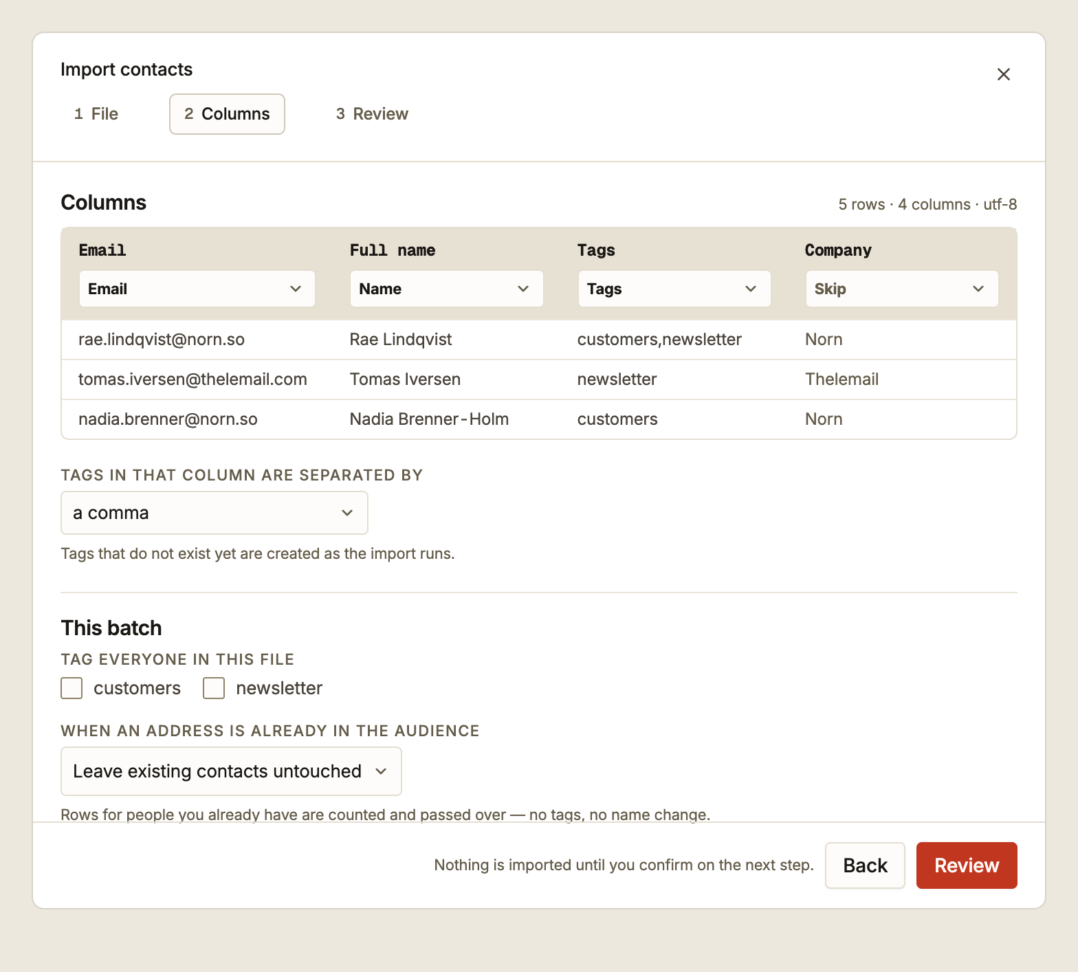 Mapping each column, choosing the tag separator, and setting the conflict rule