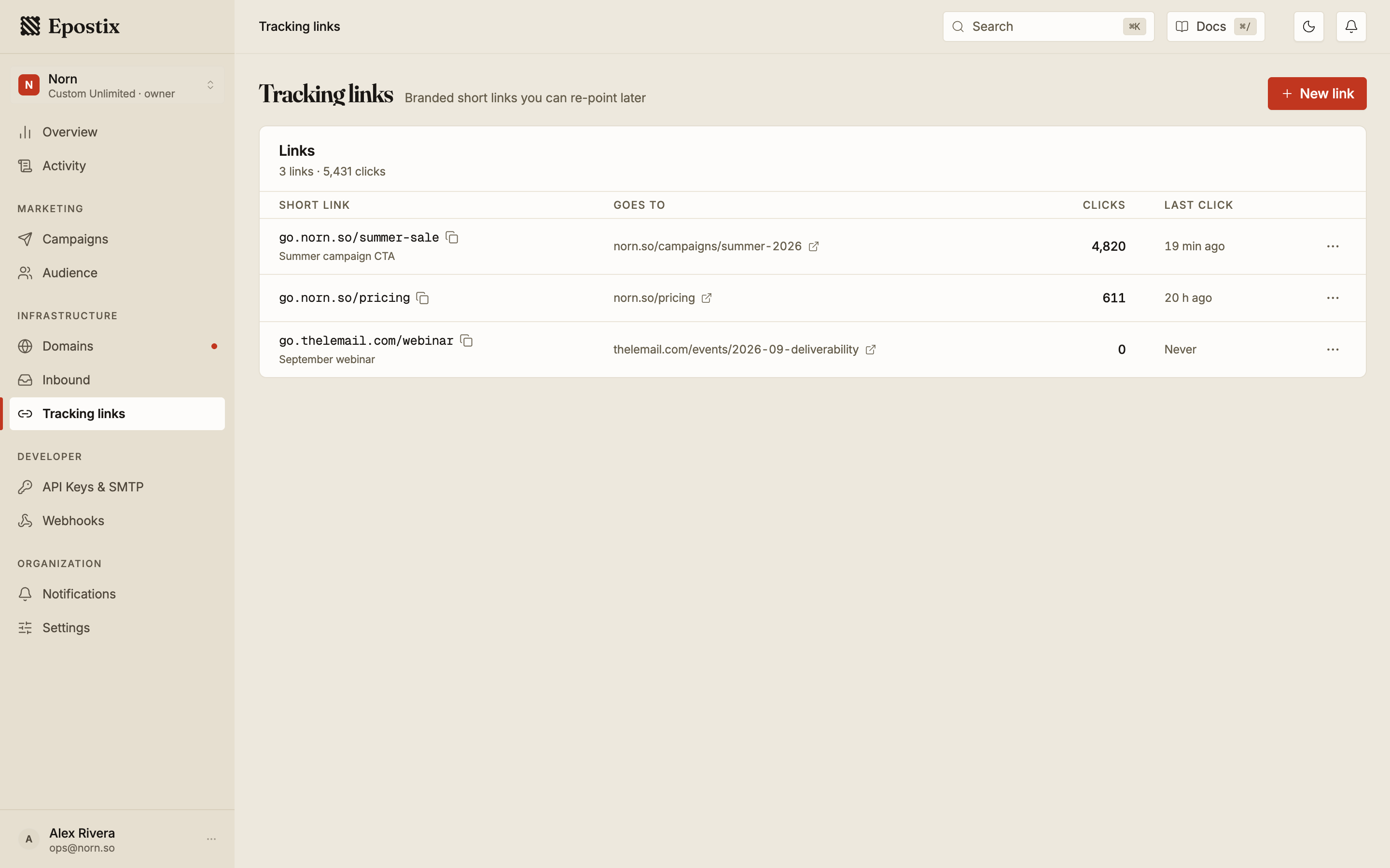 The tracking links list