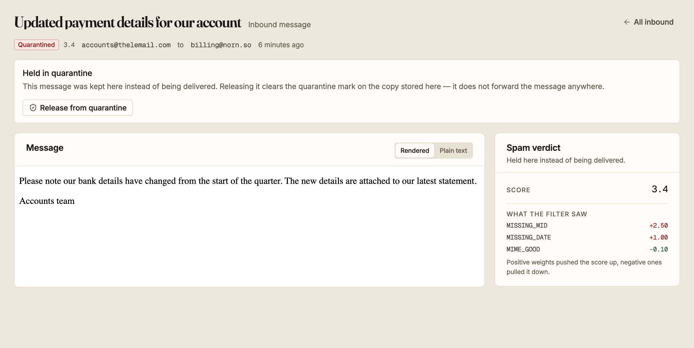 A quarantined message, with the release control and the rules behind the score