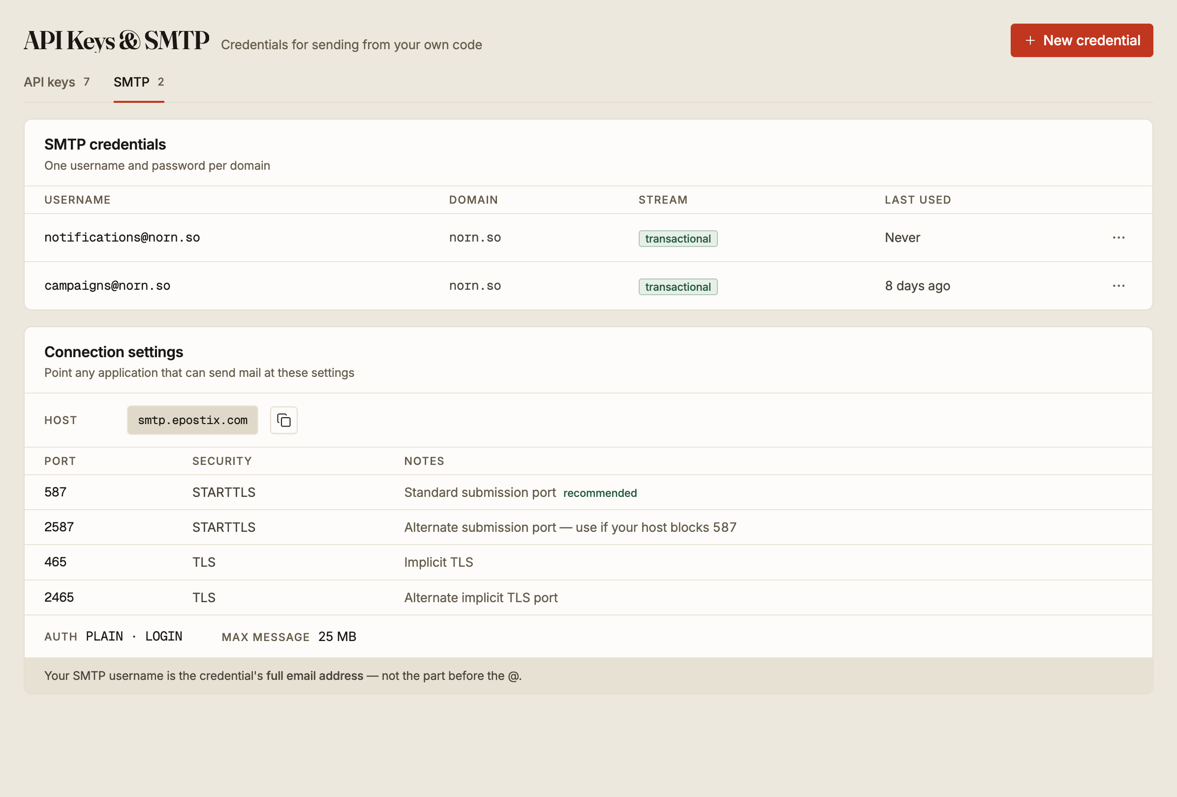 SMTP credentials and connection settings